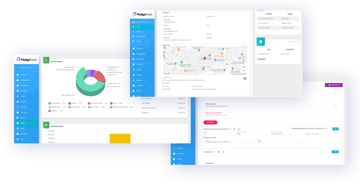 PledgeFront dashboard showing donor management and fundraising tools
